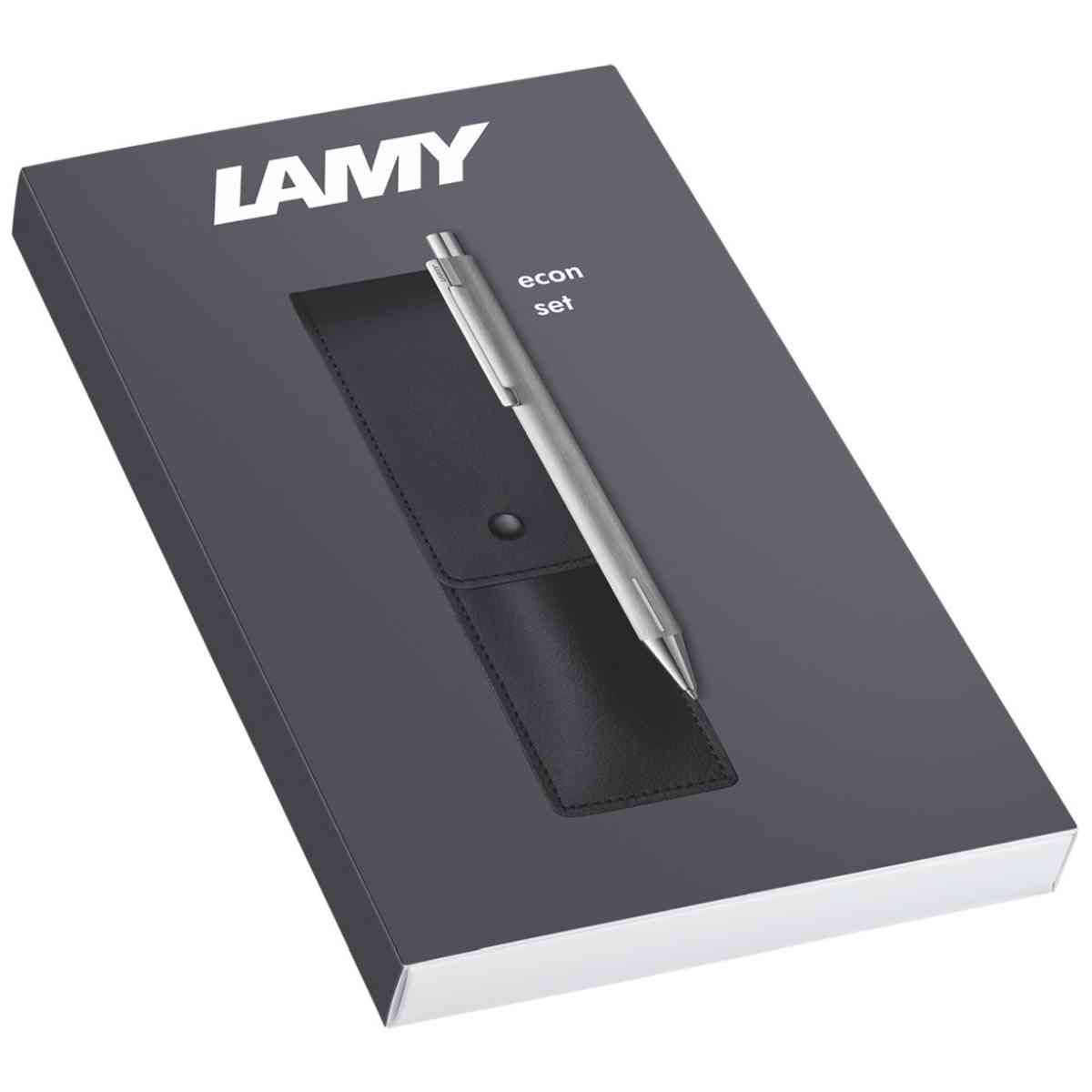 LAMY Kugelschreiber econ 240 Edelstahl brushed Geschenkset mit Echtleder Etui