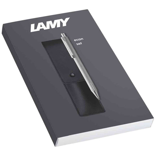 LAMY Kugelschreiber econ 240 Edelstahl brushed Geschenkset mit Echtleder Etui