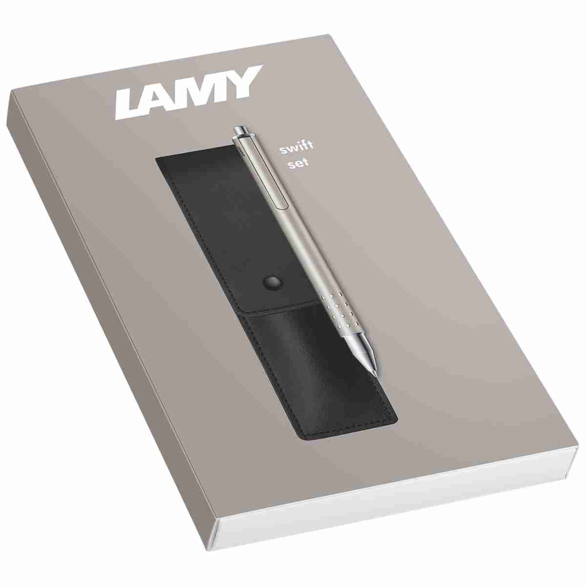 LAMY Tintenroller swift 330 palladium matt silber Geschenkset + Echtleder Etui