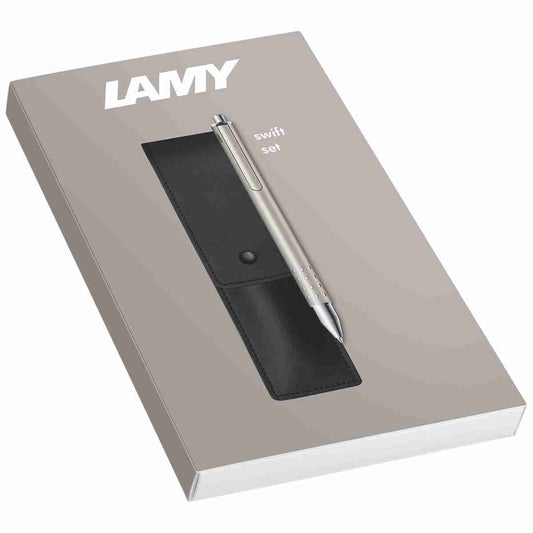 LAMY Tintenroller swift 330 palladium matt silber Geschenkset + Echtleder Etui