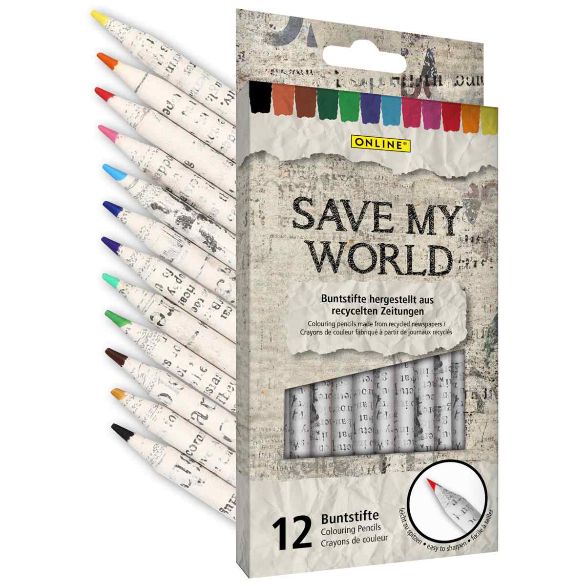 ONLINE Farbstifte aus recycelten Zeitungen -Save My World- 12 Stück