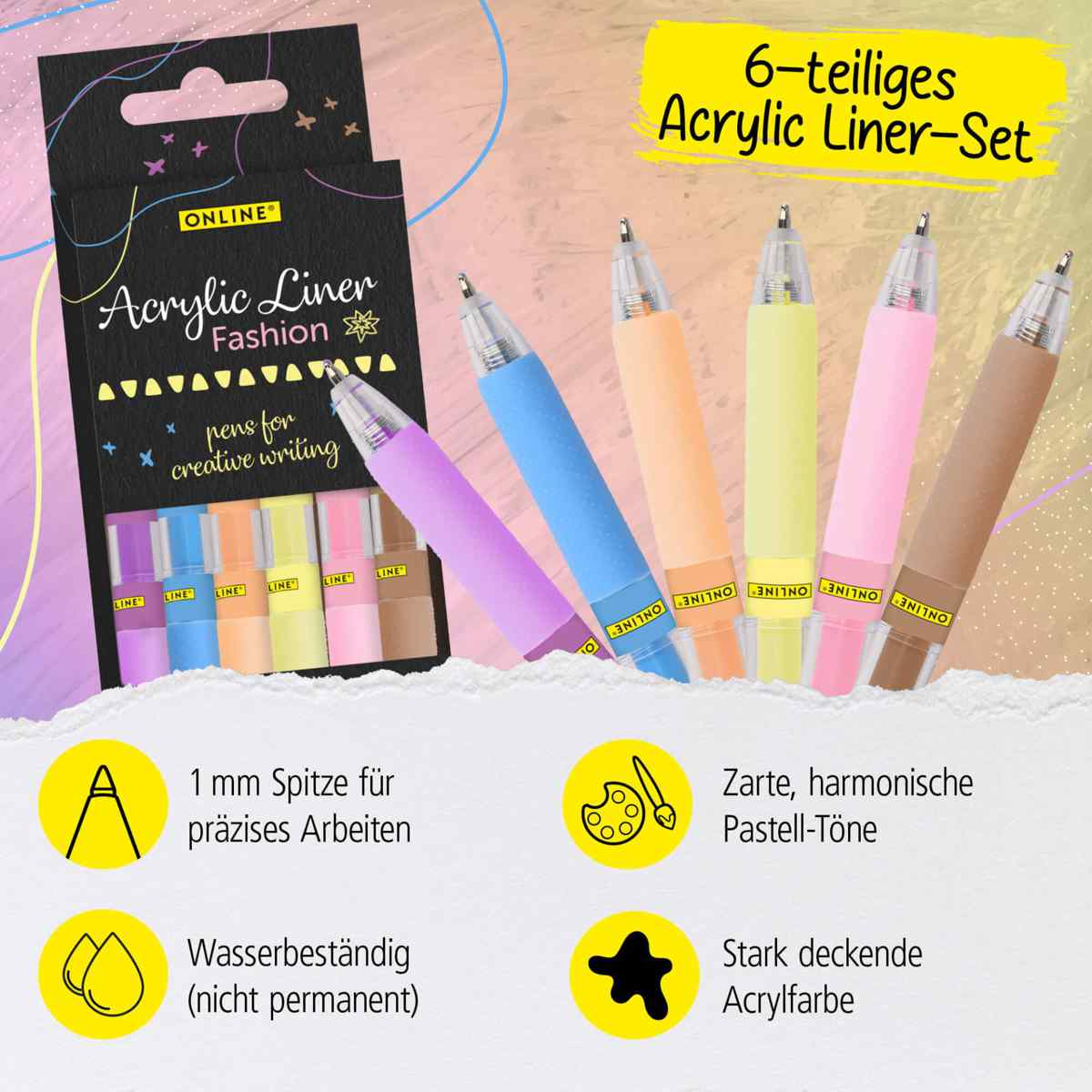 ONLINE Acrylmarker Acrylic Liner Set Fashion Pastell-Farben 6 Stück ca. 1 mm