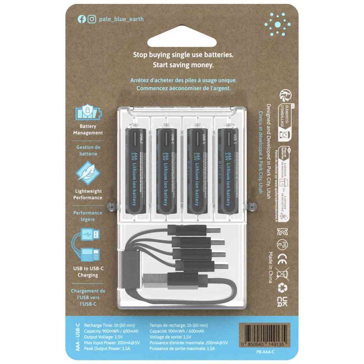 PALEBLUE Akku Micro AAA 1,5V USB-C 600mAh 4 Stück