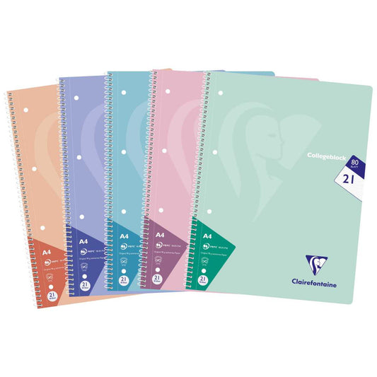 CLAIREFONTAINE Collegeblock PASTELL A4 80 Blatt liniert LIN 21 90g -5 Stück SPARPACK-