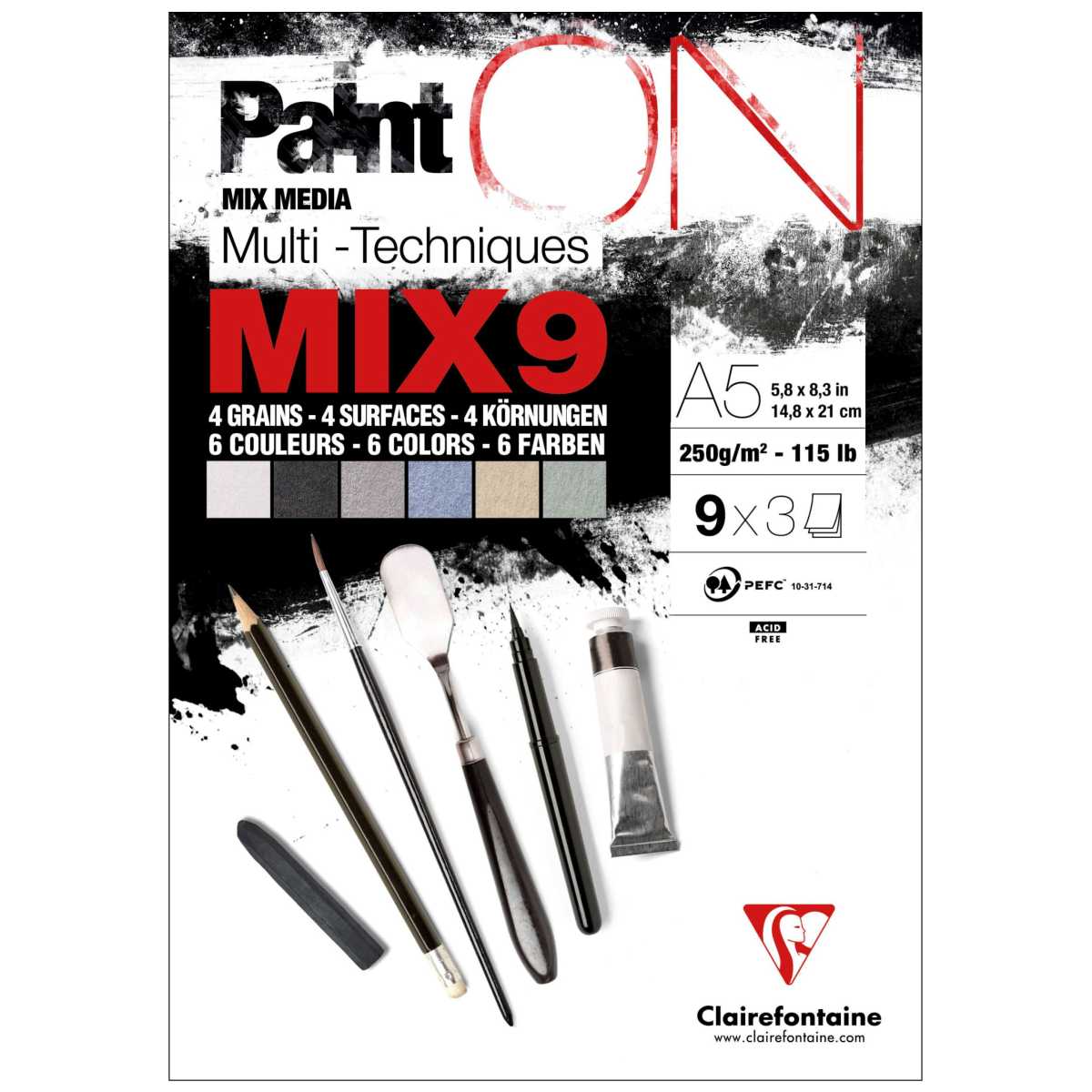 CLAIREFONTAINE Zeichenblock A5 Paint'on MIX9 250g 27 Blatt - 9 x 3 Blatt
