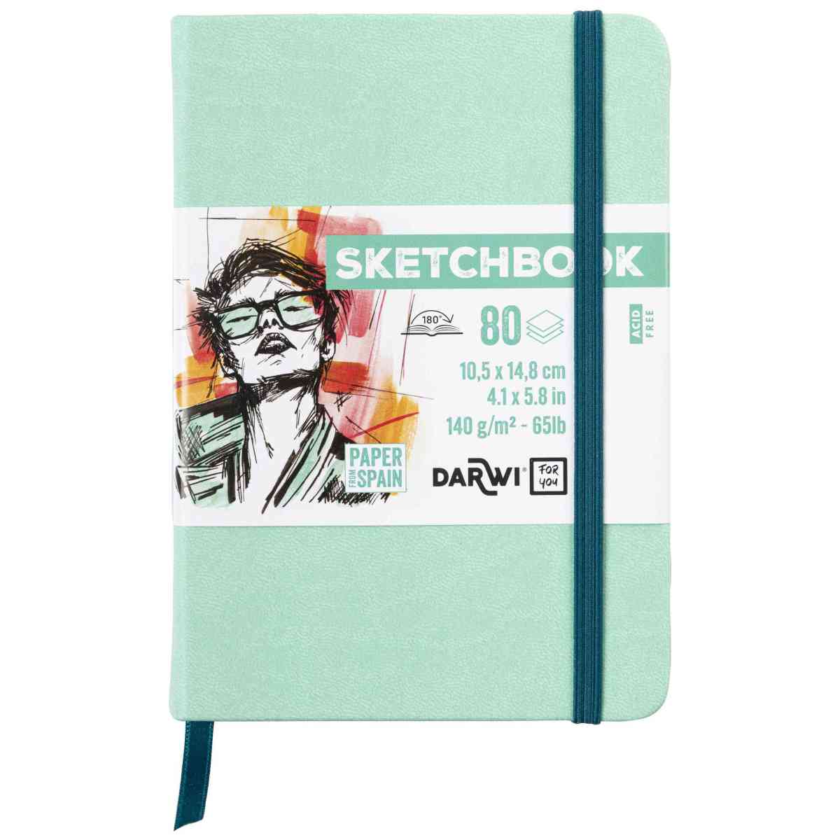 DARWI Skizzenbuch mit Gummizug A6 80 Blatt 140g wassergrün