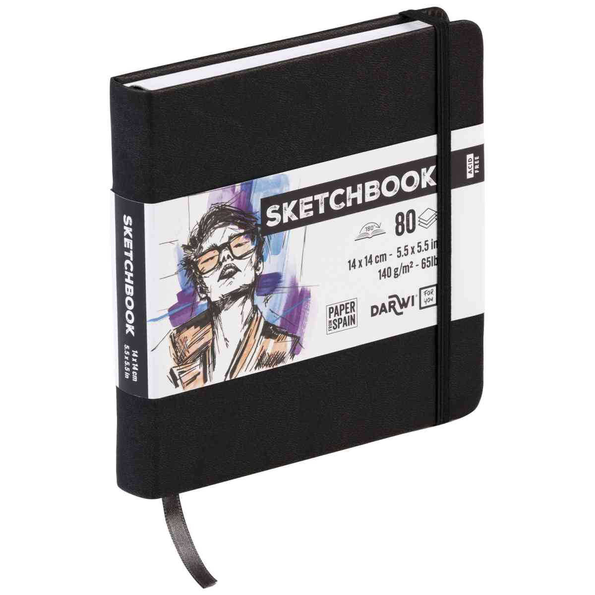 DARWI Skizzenbuch mit Gummizug 14x14cm 80 Blatt 140g schwarz