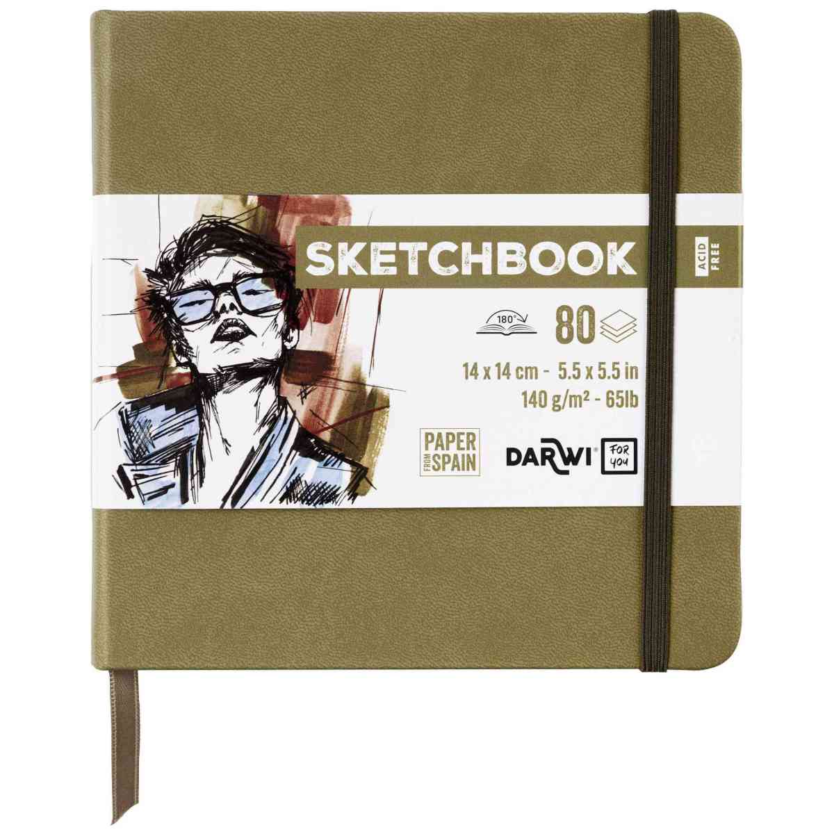 DARWI Skizzenbuch mit Gummizug 14x14cm 80 Blatt 140g khaki