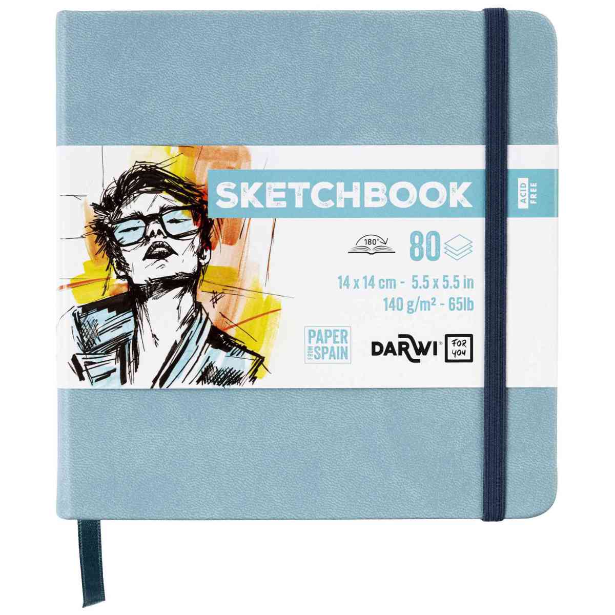 DARWI Skizzenbuch mit Gummizug 14x14cm 80 Blatt 140g hellblau