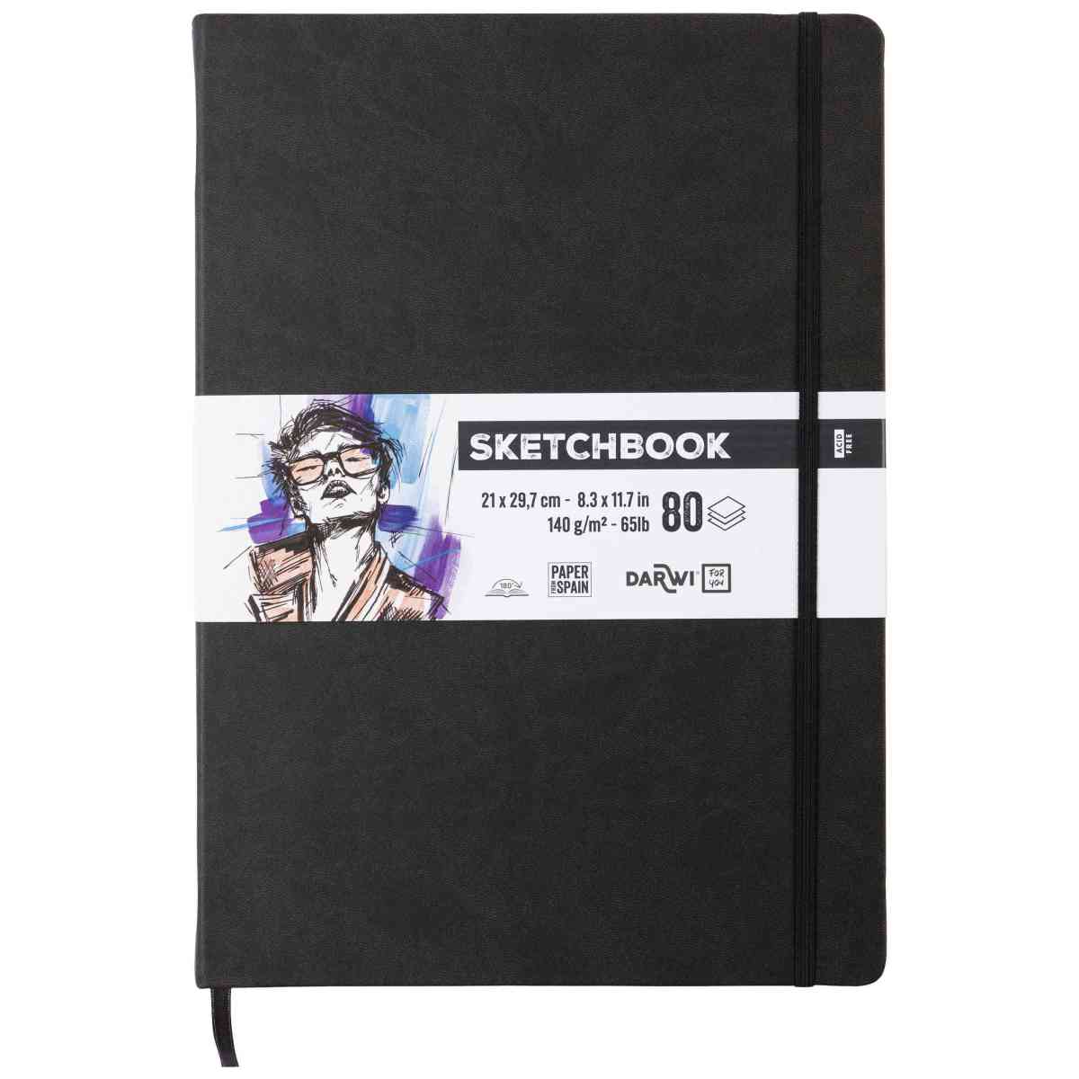 DARWI Skizzenbuch mit Gummizug A4 80 Blatt 140g schwarz
