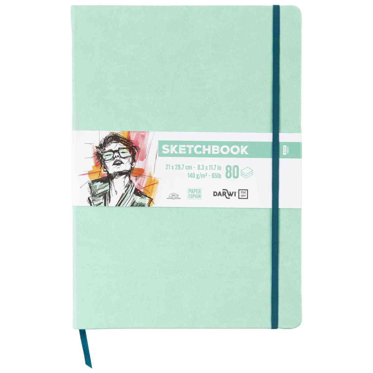 DARWI Skizzenbuch mit Gummizug A4 80 Blatt 140g wassergrün
