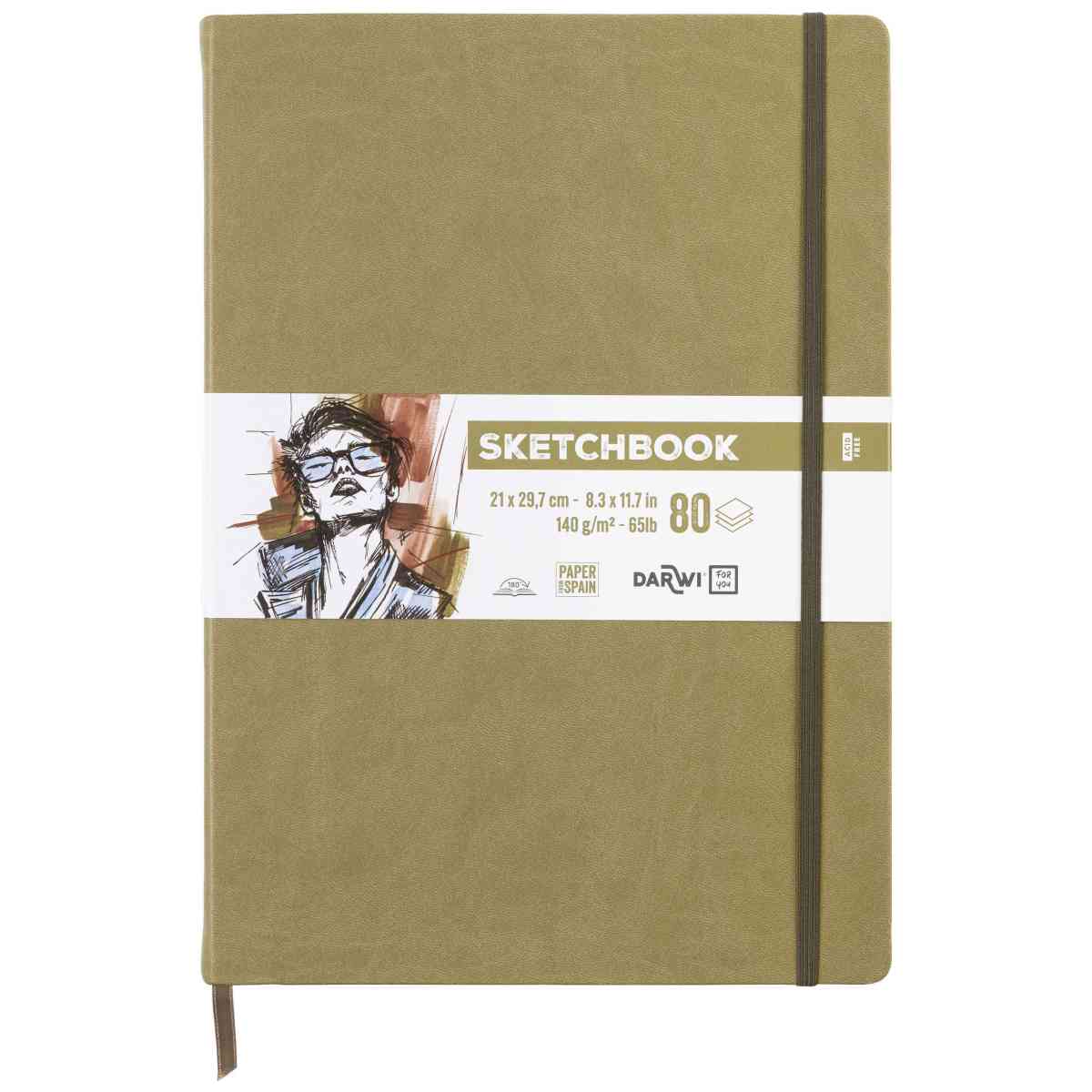 DARWI Skizzenbuch mit Gummizug A4 80 Blatt 140g khaki